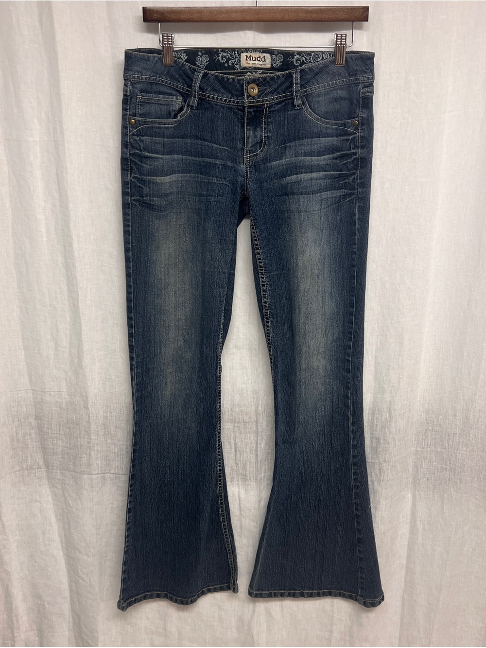 Mudd Flare Jeans Y2K Dark Wash Paisley Distressed Size 9 Low Rise